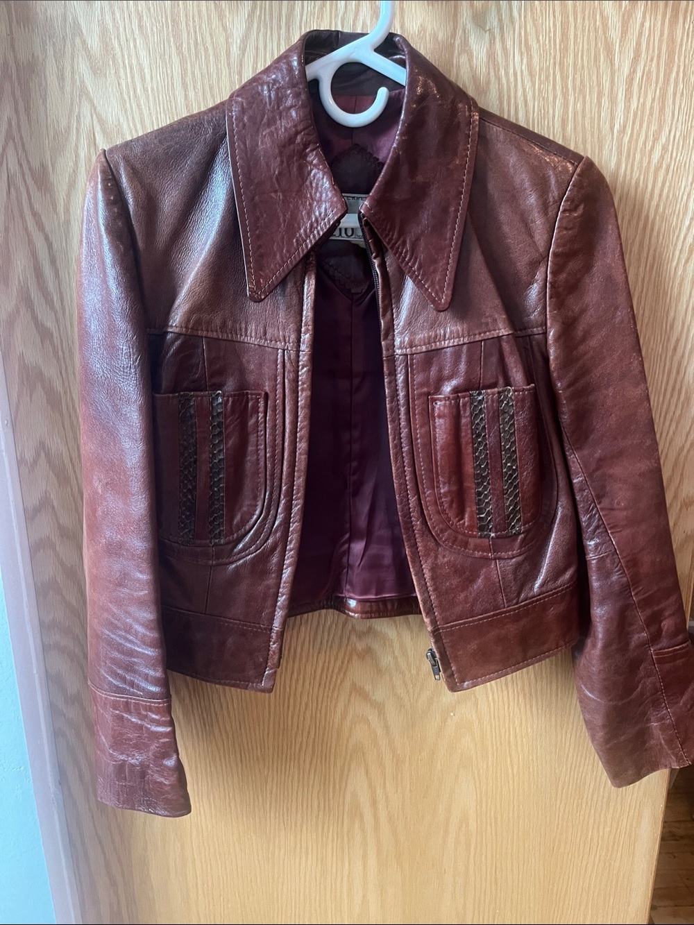 Women's Brown Leather Zip Jacket with snake skin details